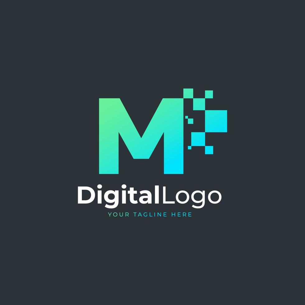 Tech Letter M Logo. Blue and Green Geometric Shape with Square Pixel Dots. Usable for Business and Technology Logos. Design Ideas Template Element. vector