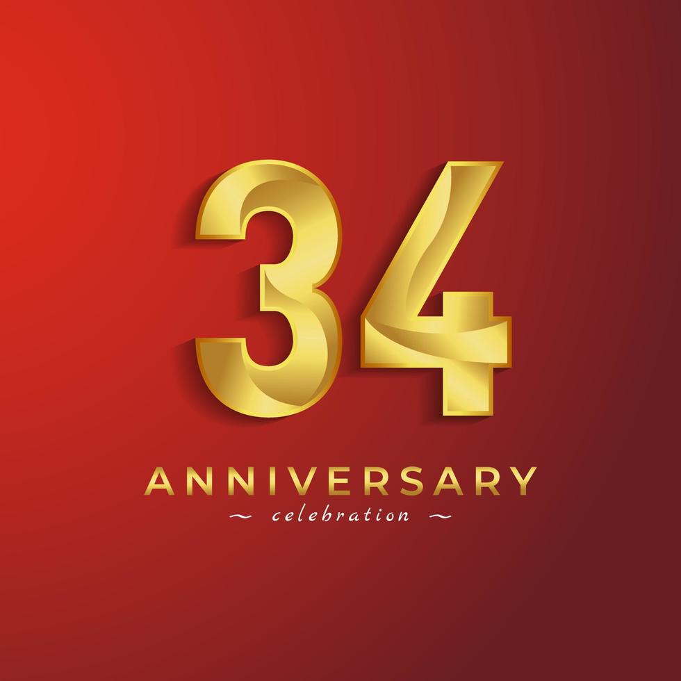 34 Year Anniversary Celebration with Golden Shiny Color for Celebration Event, Wedding, Greeting card, and Invitation Card Isolated on Red Background vector