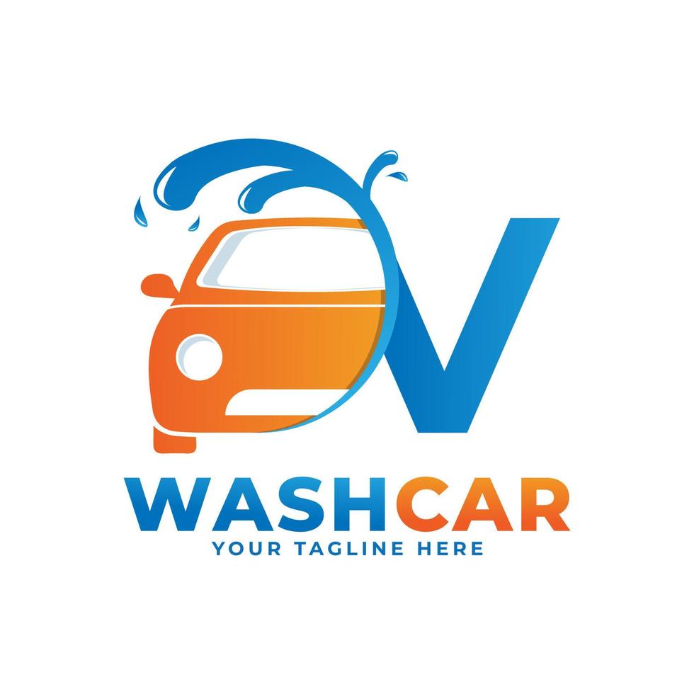 Letter V with Car Wash Logo, Cleaning Car, Washing and Service Vector Logo Design.