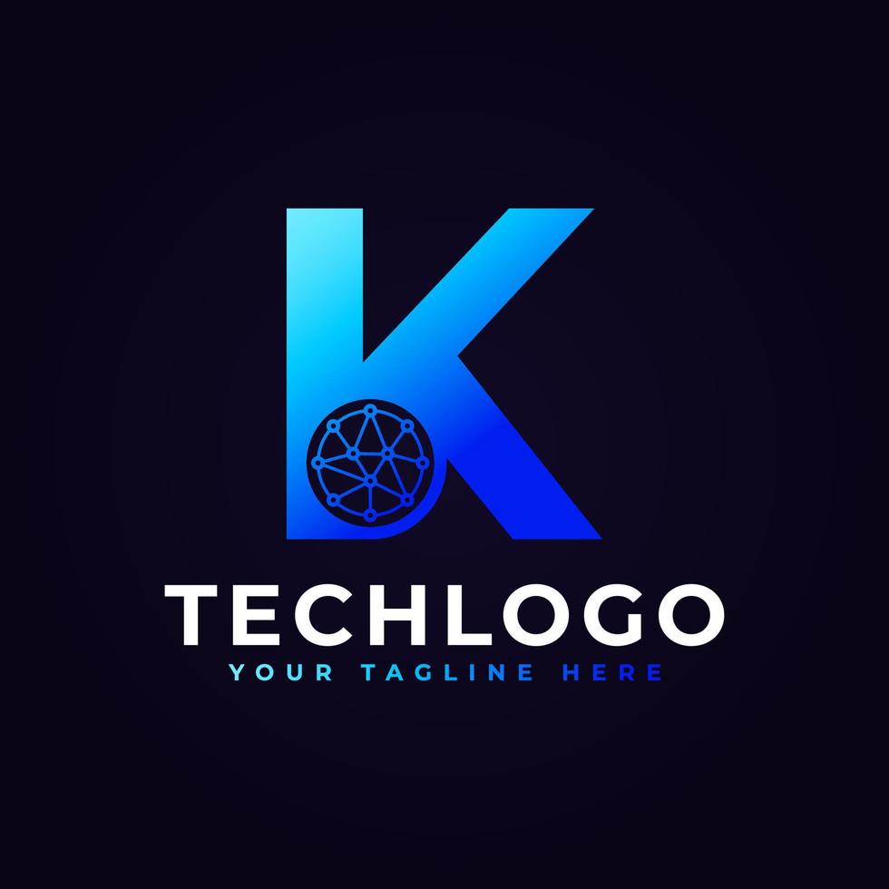 logotipo de la letra k de tecnología. forma geométrica azul con círculo de puntos conectado como vector de logotipo de red. utilizable para logotipos de negocios y tecnología.