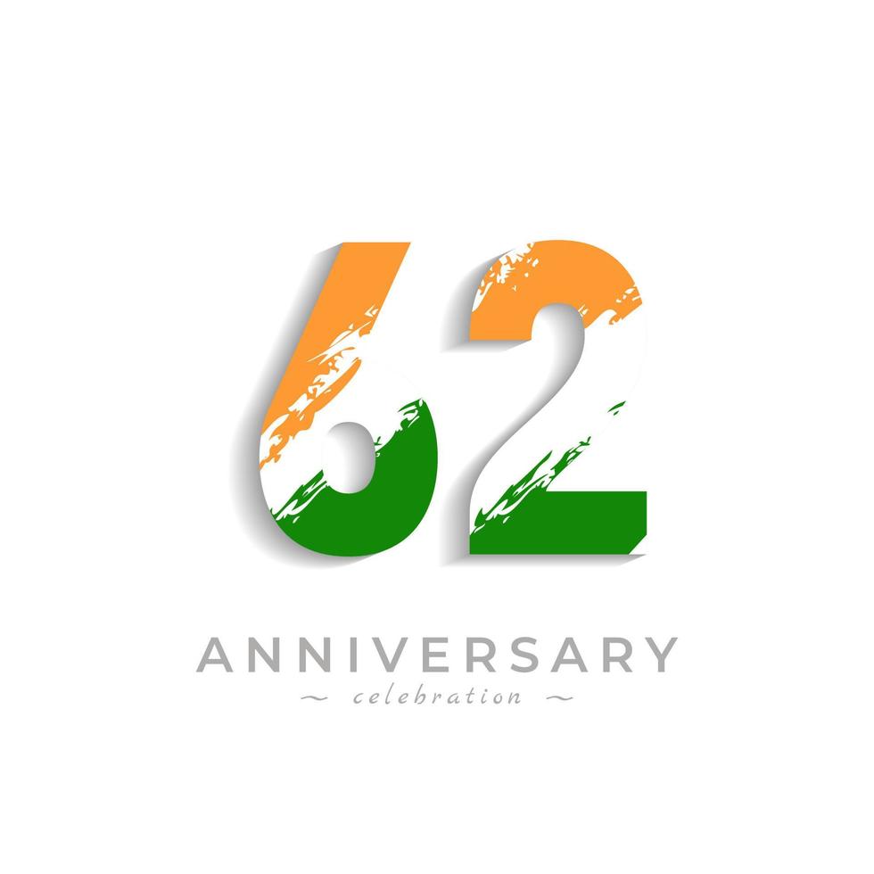 62 Year Anniversary Celebration with Brush White Slash in Yellow Saffron and Green Indian Flag Color. Happy Anniversary Greeting Celebrates Event Isolated on White Background vector