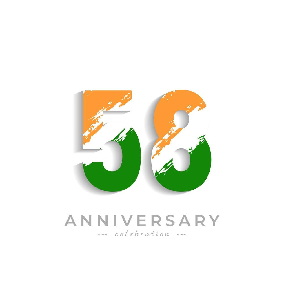 58 Year Anniversary Celebration with Brush White Slash in Yellow Saffron and Green Indian Flag Color. Happy Anniversary Greeting Celebrates Event Isolated on White Background vector