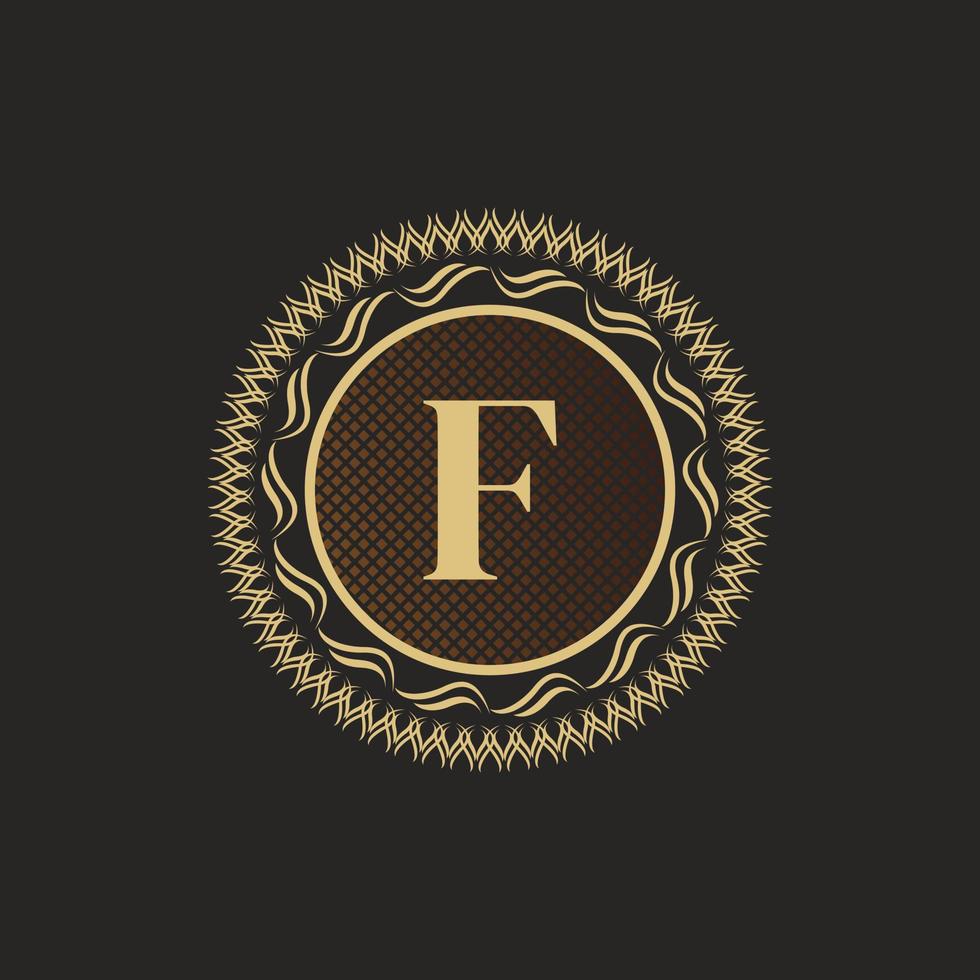 Emblem Letter F Gold Monogram Design. Luxury Volumetric Logo Template. 3D Line Ornament for Business Sign, Badge, Crest, Label, Boutique Brand, Hotel, Restaurant, Heraldic. Vector Illustration
