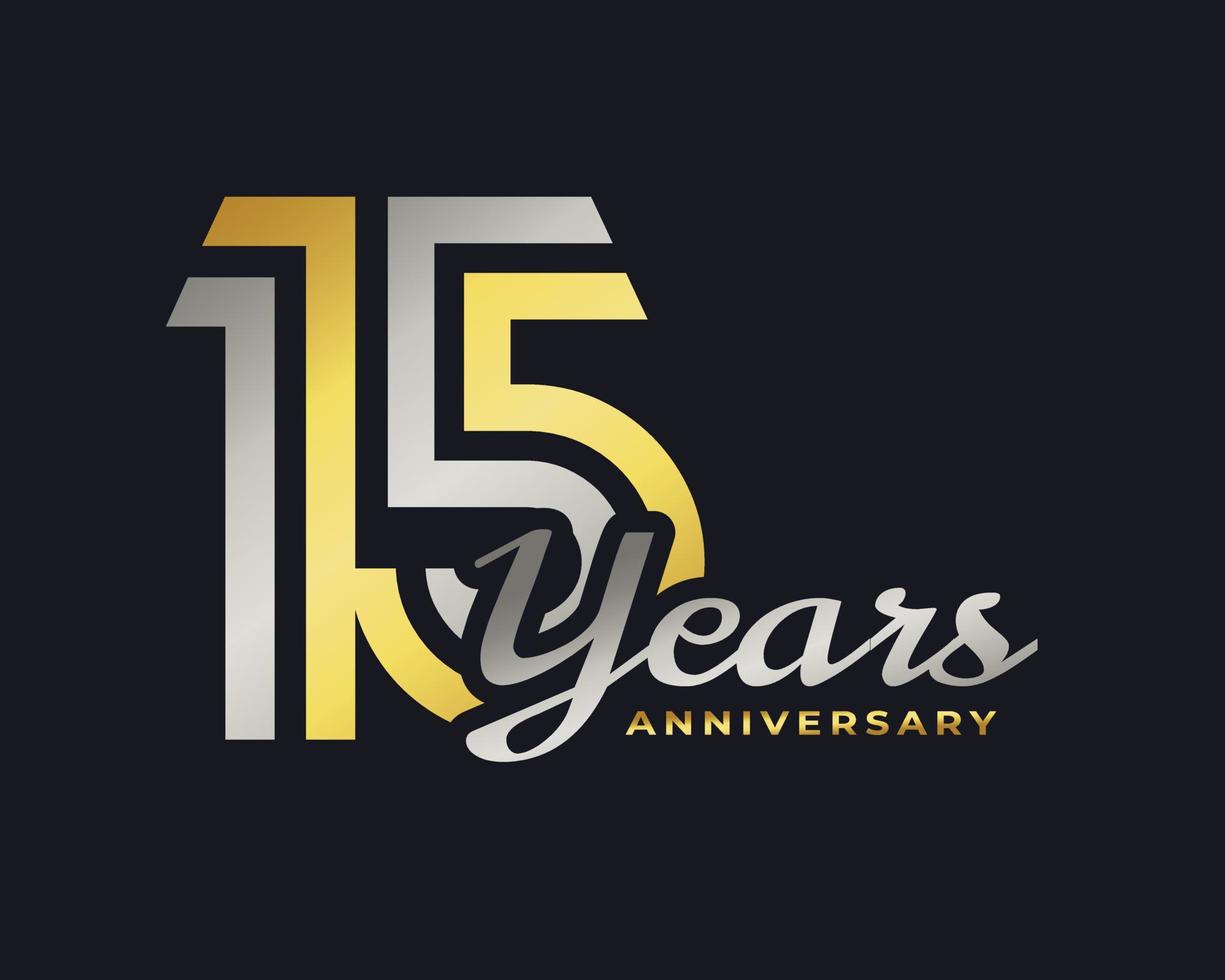 15 Year Anniversary Celebration with Handwriting Silver and Gold Color for Celebration Event, Wedding, Greeting card, and Invitation Isolated on Dark Background vector