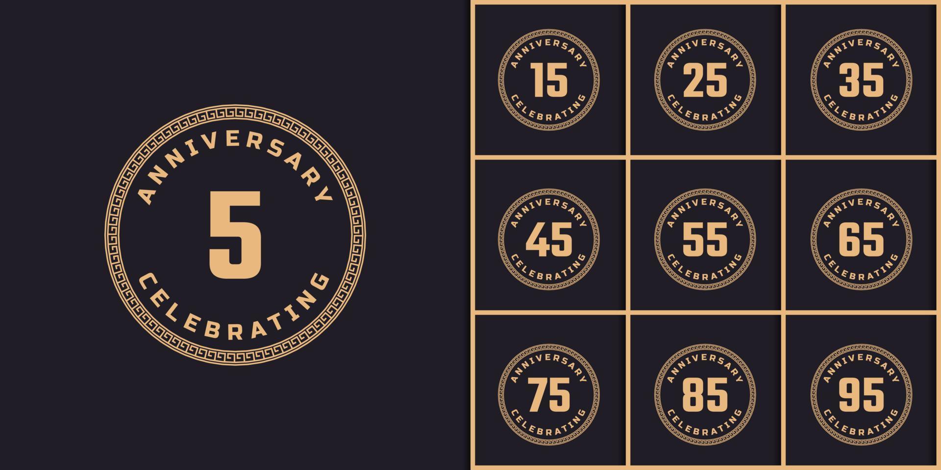 Set of Vintage Retro Year Anniversary Celebration with Circle Border Pattern Emblem. Happy Anniversary Greeting Celebrates Event Isolated on Black Background vector