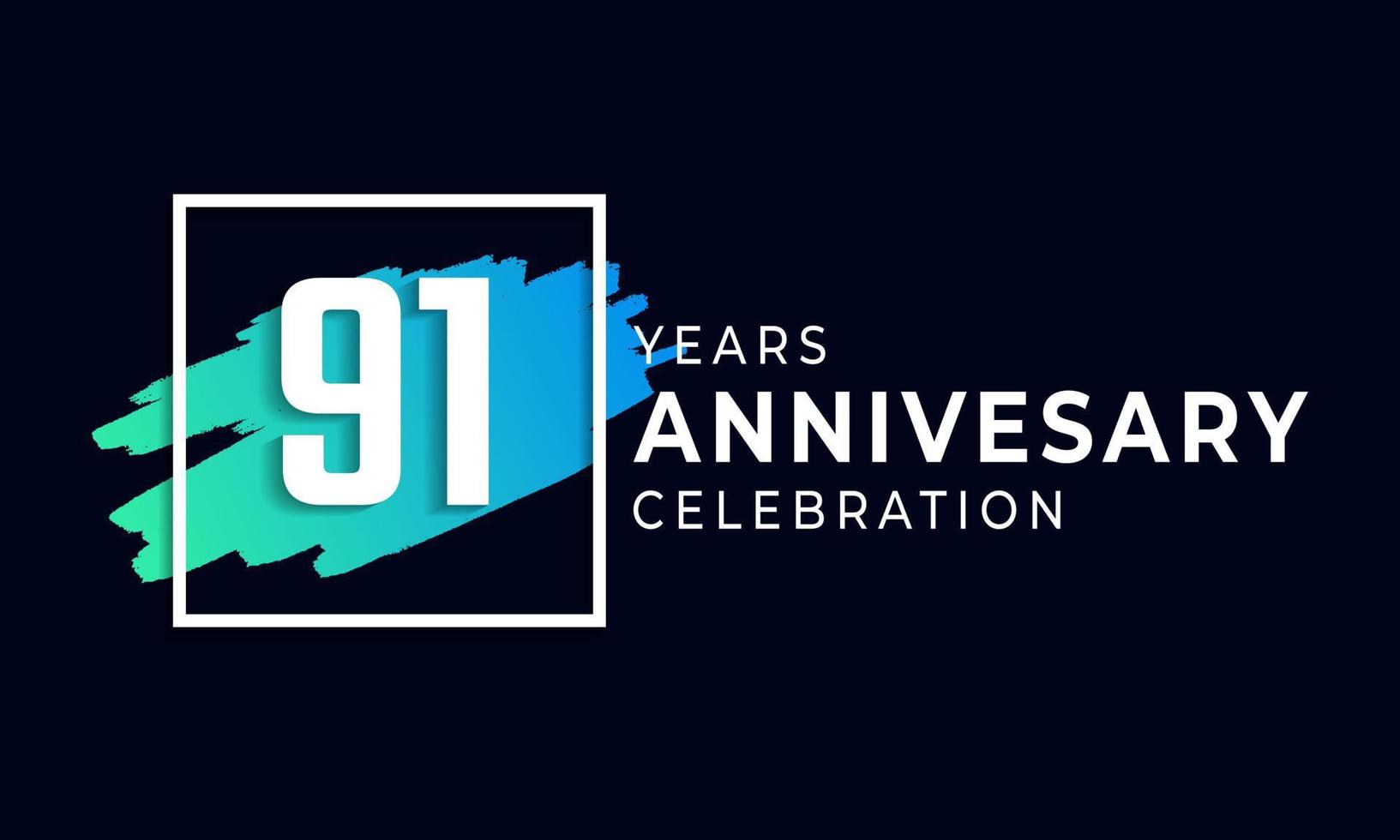 91 Year Anniversary Celebration with Blue Brush and Square Symbol. Happy Anniversary Greeting Celebrates Event Isolated on Black Background vector