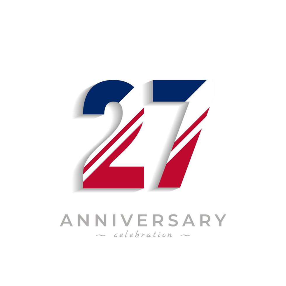 27 Year Anniversary Celebration with White Slash in Red and Blue American Flag Color. Happy Anniversary Greeting Celebrates Event Isolated on White Background vector