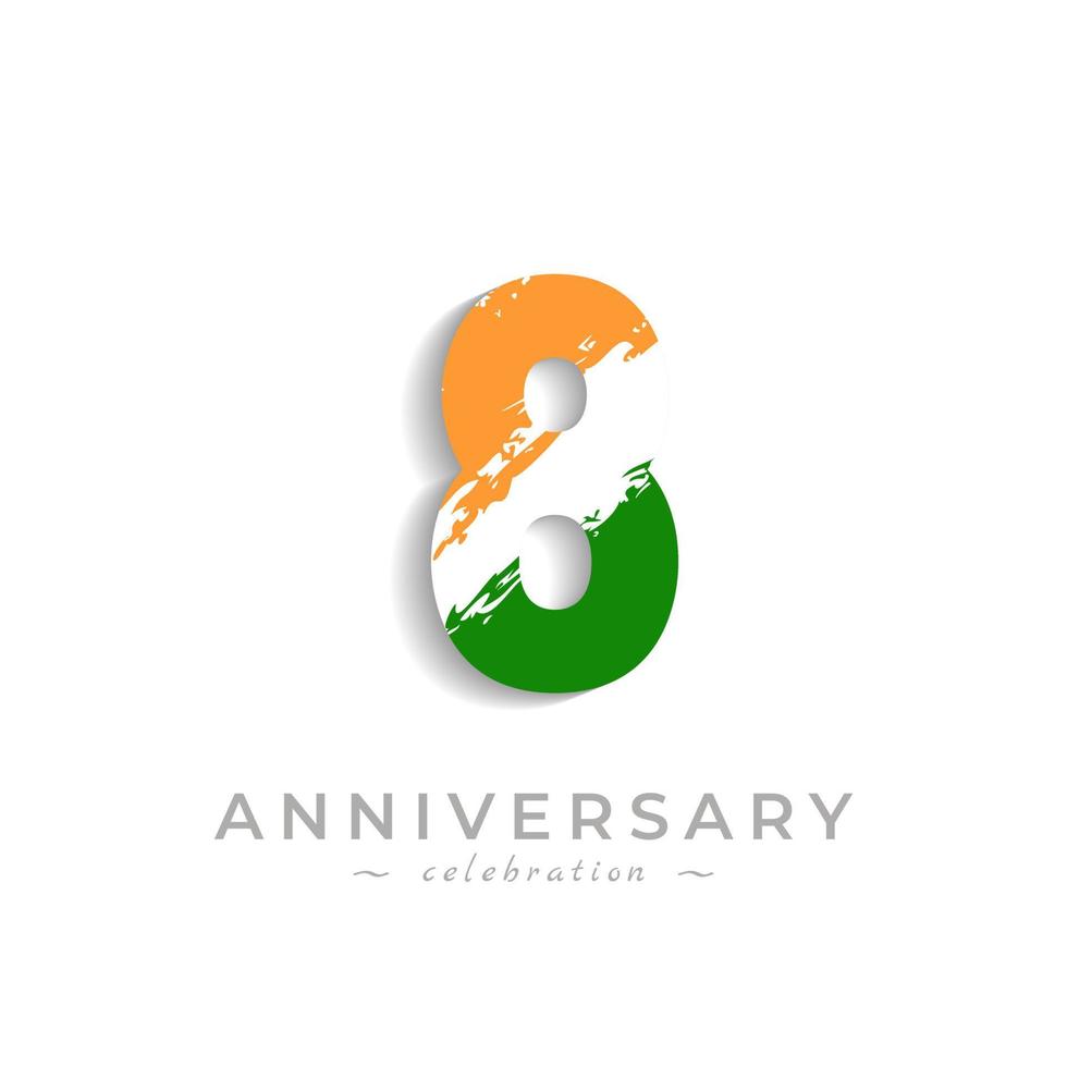 8 Year Anniversary Celebration with Brush White Slash in Yellow Saffron and Green Indian Flag Color. Happy Anniversary Greeting Celebrates Event Isolated on White Background vector
