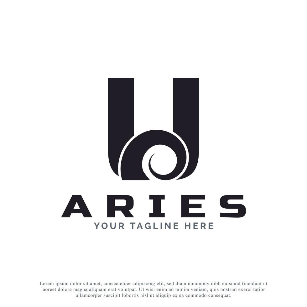 Initial Letter U with Goat Ram Sheep Horn for Aries Logo Design Inspiration. Animal Logo Element Template vector