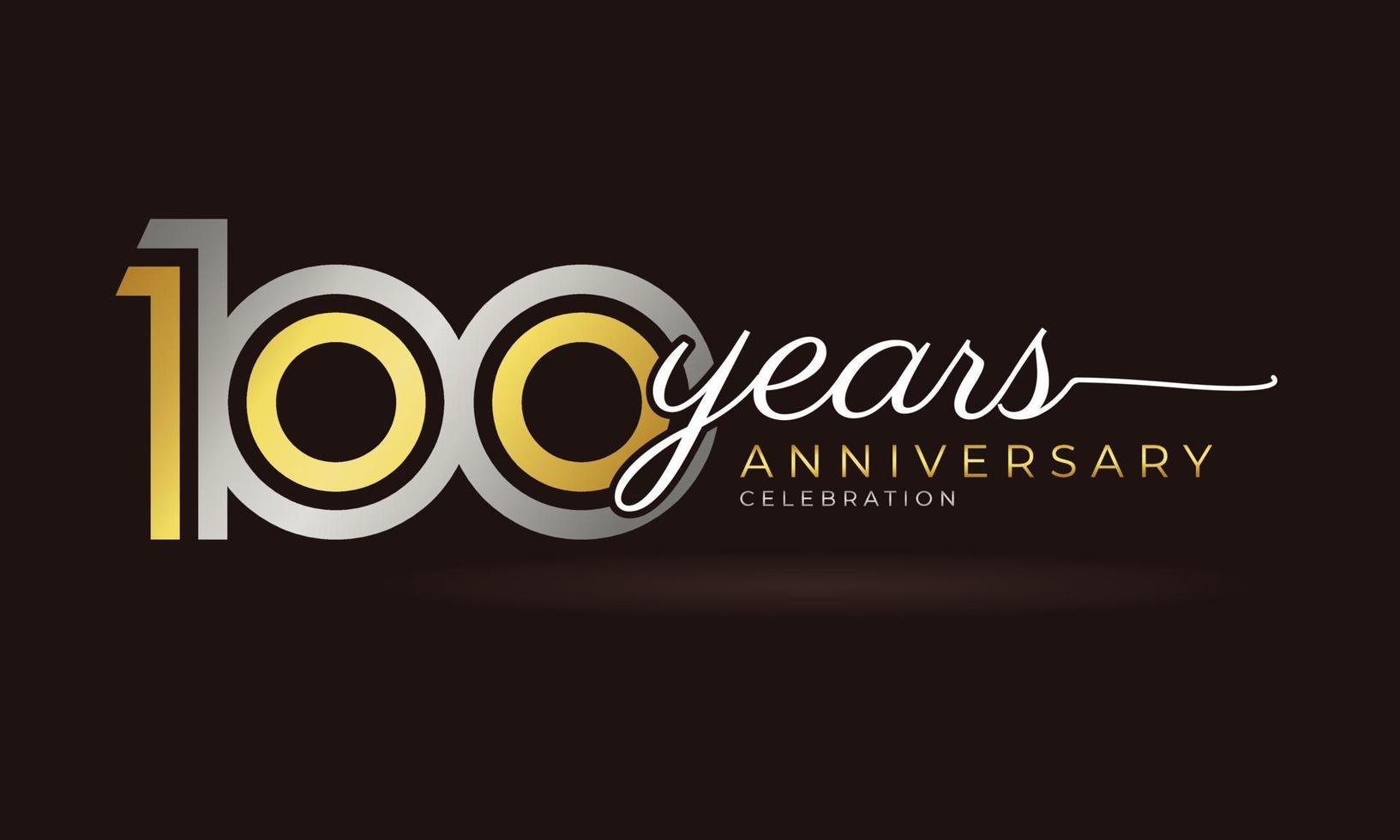 100 Year Anniversary Celebration Logotype with Linked Multiple Line Silver and Golden Color for Celebration Event, Wedding, Greeting Card, and Invitation Isolated on Dark Background vector