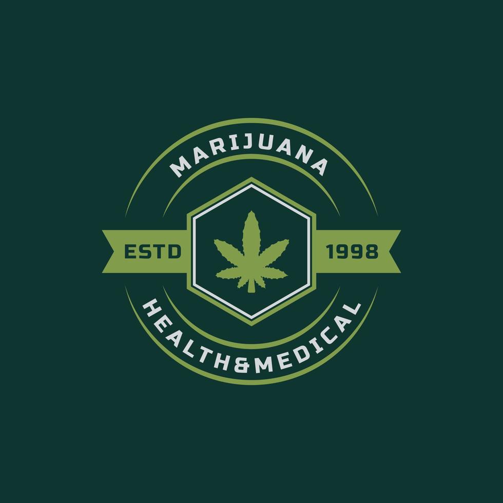 insignia retro vintage para marihuana hoja de marihuana cannabis cáñamo thc cbd salud y terapia médica logo emblema diseño símbolo vector