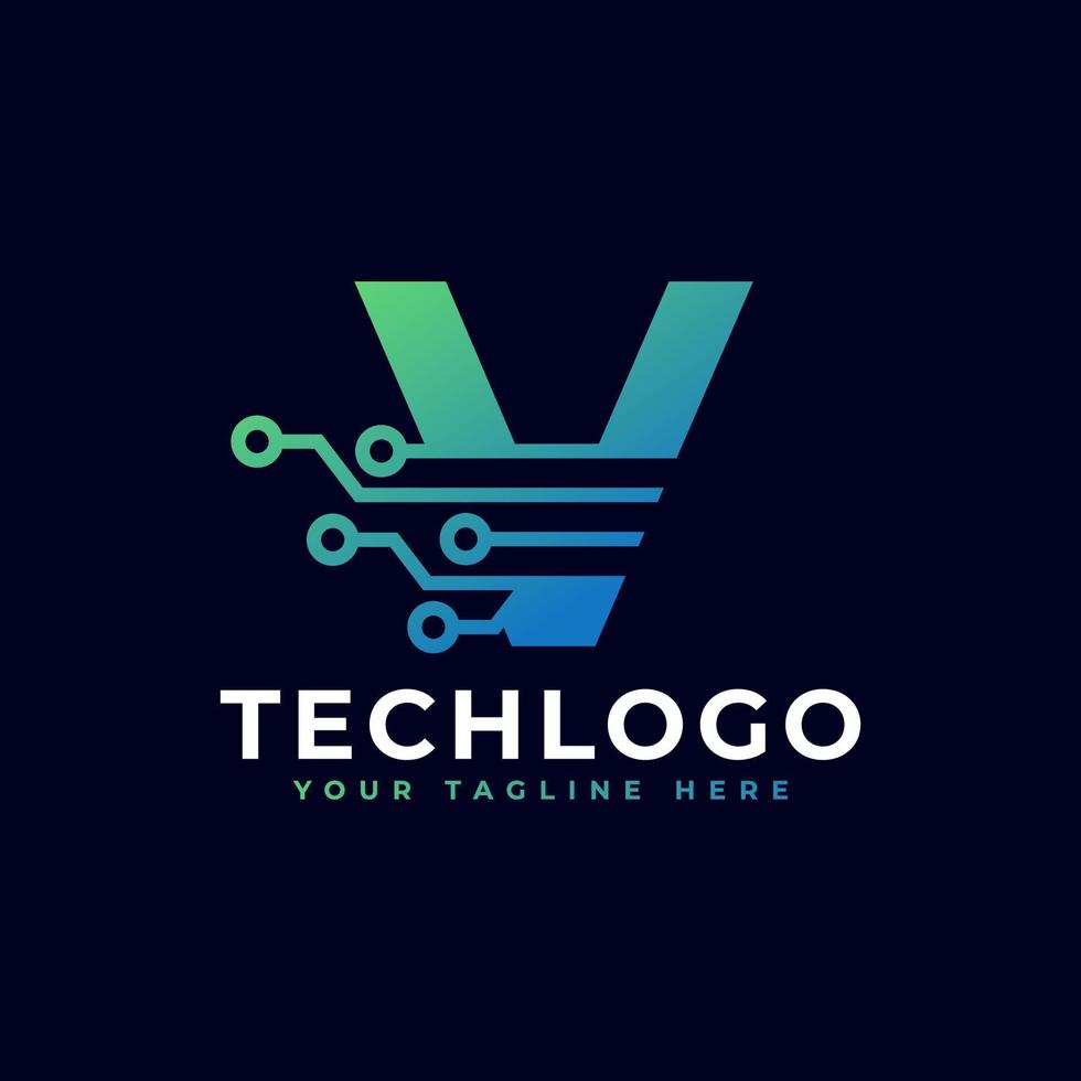 Tech Letter V Logo. Futuristic Vector Logo Template with Green and Blue Gradient Color. Geometric Shape. Usable for Business and Technology Logos.