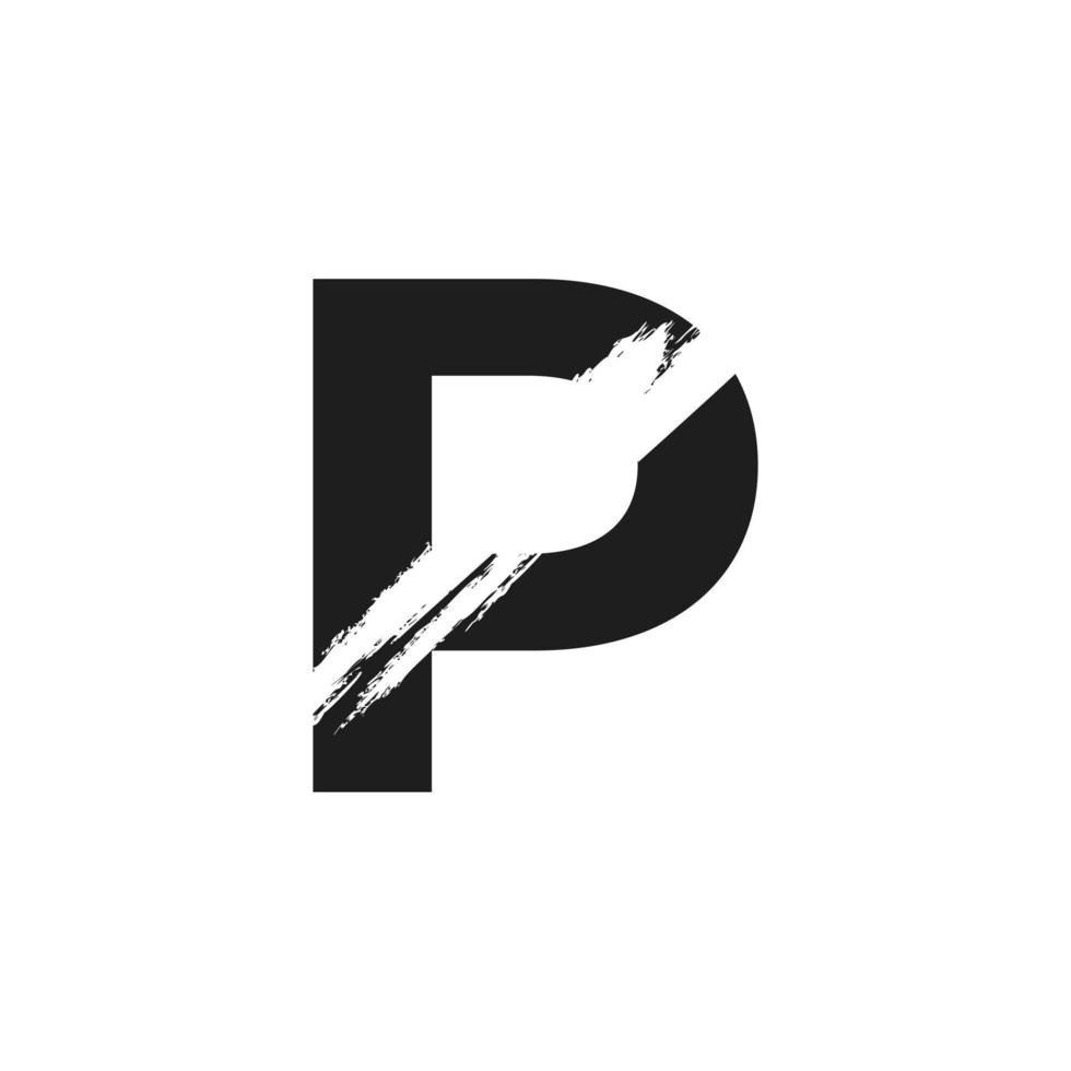 Letter P Logo with White Slash Brush in Black Color Vector Template Element