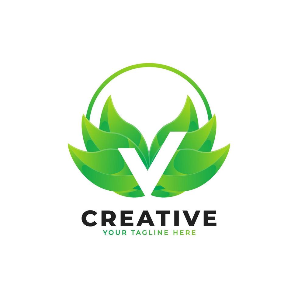 Nature Green Leaf Letter V Logo with Circle. monogram logo. Green Leaves Alphabet Icon. Usable for Business, Science, Healthcare, Medical and Nature Logos.Flat Vector Logo Desgn Template Element
