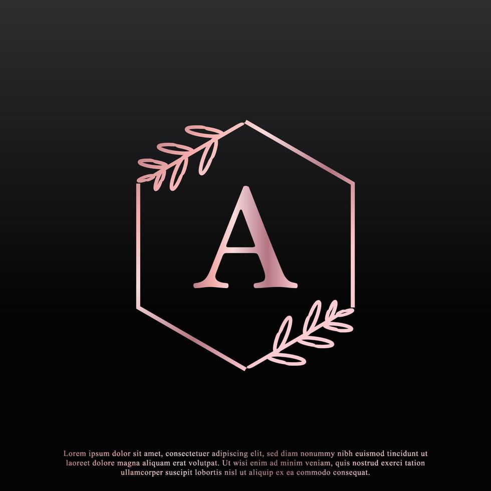 Elegant A Letter Hexagon Floral Logo with Creative Elegant Leaf Monogram Branch Line and Pink Black Color. Usable for Business, Fashion, Cosmetics, Spa, Science, Medical and Nature Logos. vector