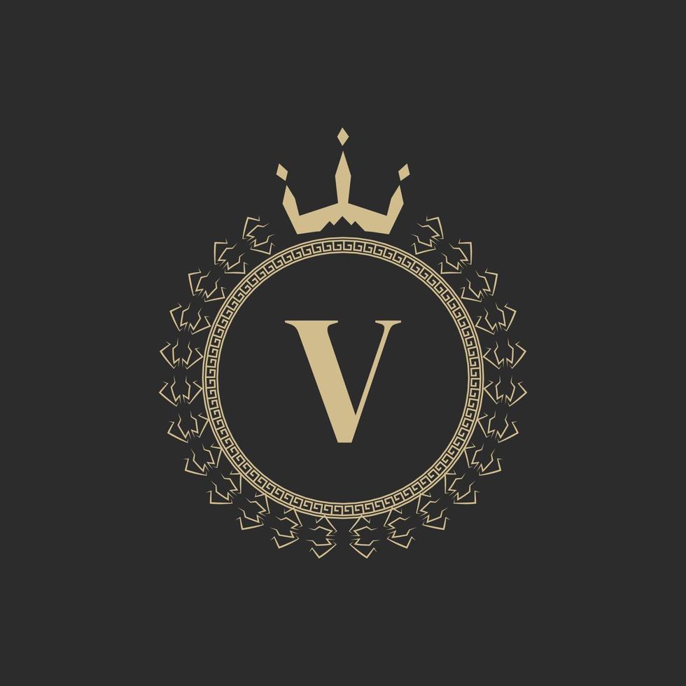 Initial Letter V Heraldic Royal Frame with Crown and Laurel Wreath. Simple Classic Emblem. Round Composition. Graphics Style. Art Elements for Logo Design Vector Illustration