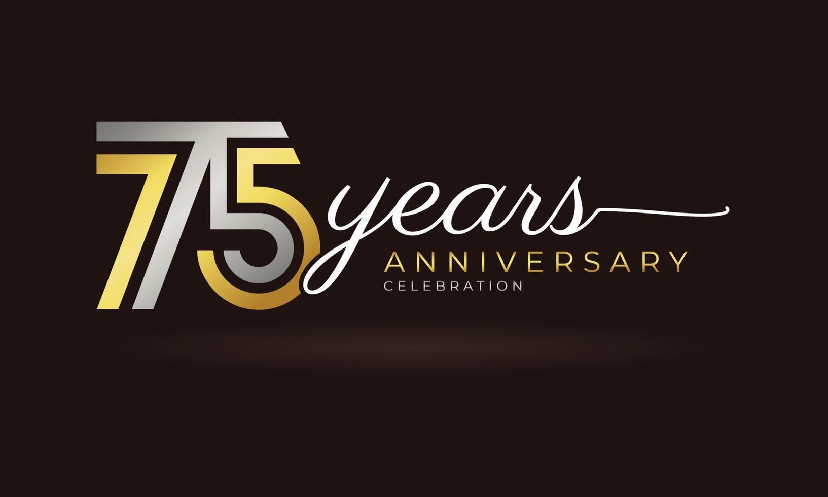 Logotipo de celebración del aniversario de 75 años con varias líneas vinculadas de color plateado y dorado para eventos de celebración, bodas, tarjetas de felicitación e invitaciones aisladas en un fondo oscuro vector