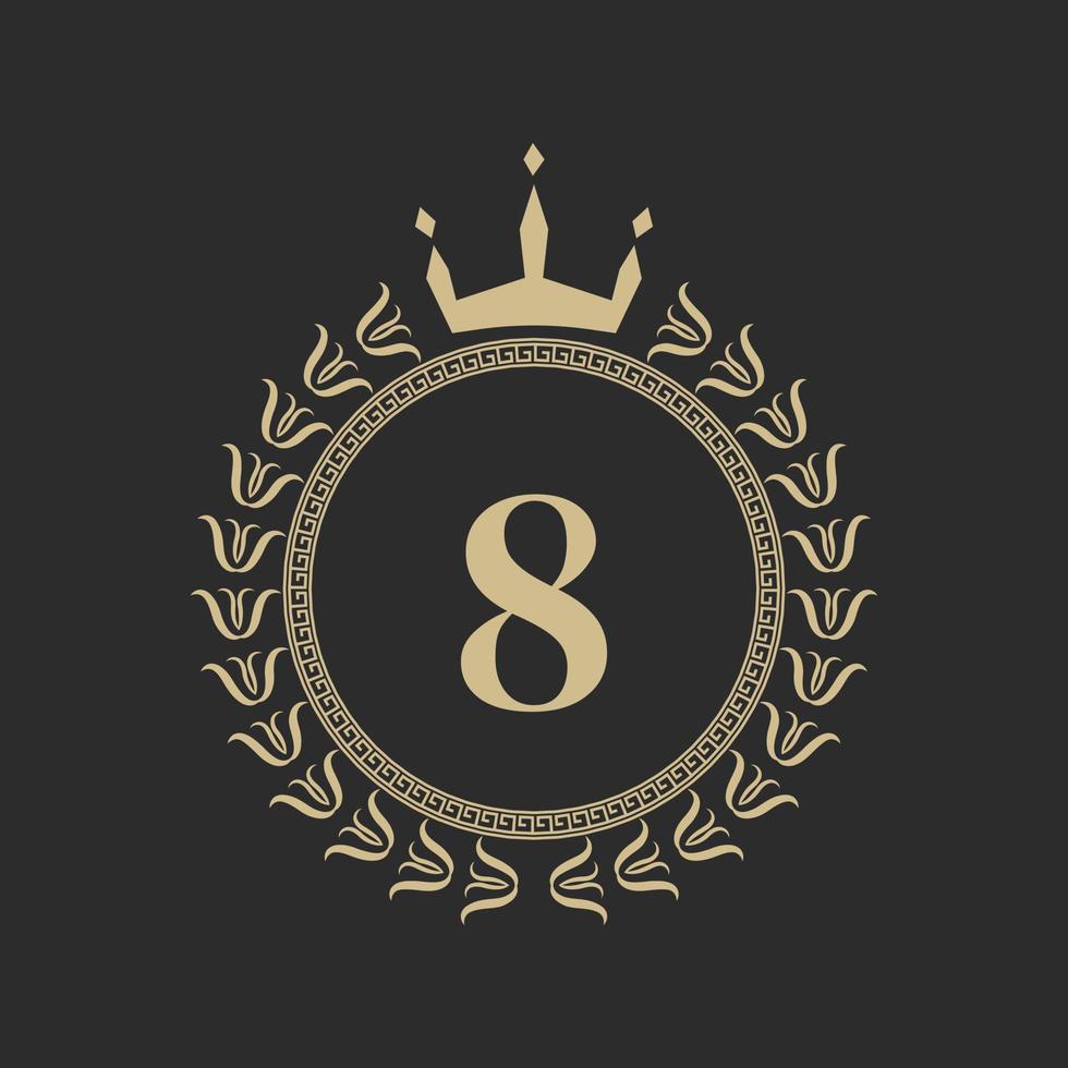 marco real heráldico número 8 con corona y corona de laurel. emblema clásico simple. composición redonda. estilo de gráficos elementos de arte para la ilustración de vector de diseño de logotipo