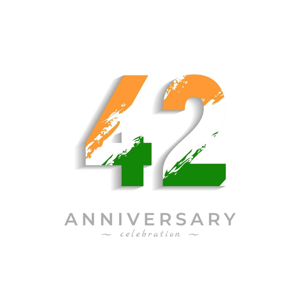 42 Year Anniversary Celebration with Brush White Slash in Yellow Saffron and Green Indian Flag Color. Happy Anniversary Greeting Celebrates Event Isolated on White Background vector