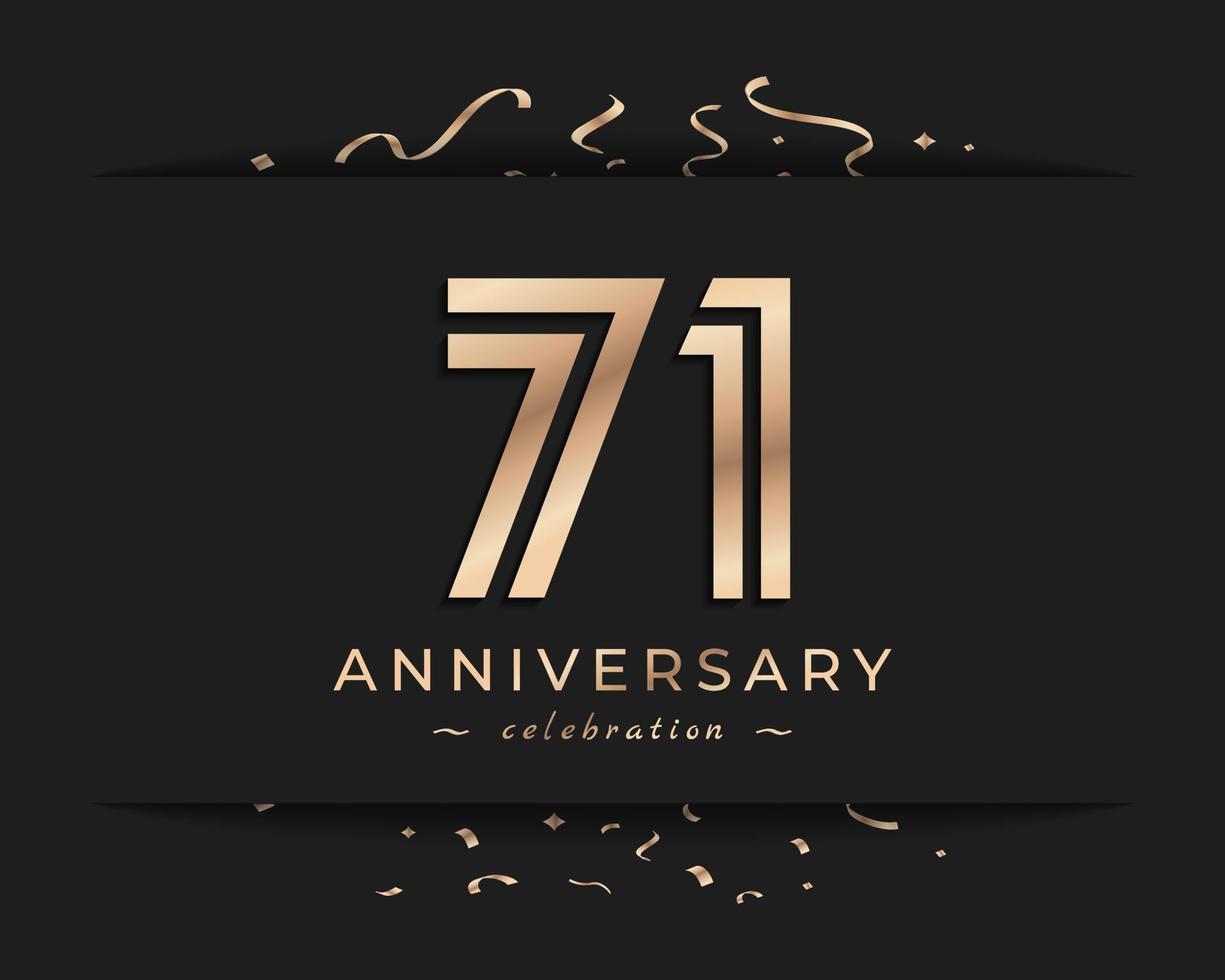 71 Year Anniversary Celebration Logotype Style Design. Happy Anniversary Greeting Celebrates Event with Golden Multiple Line and Confetti Isolated on Dark Background Design Illustration vector