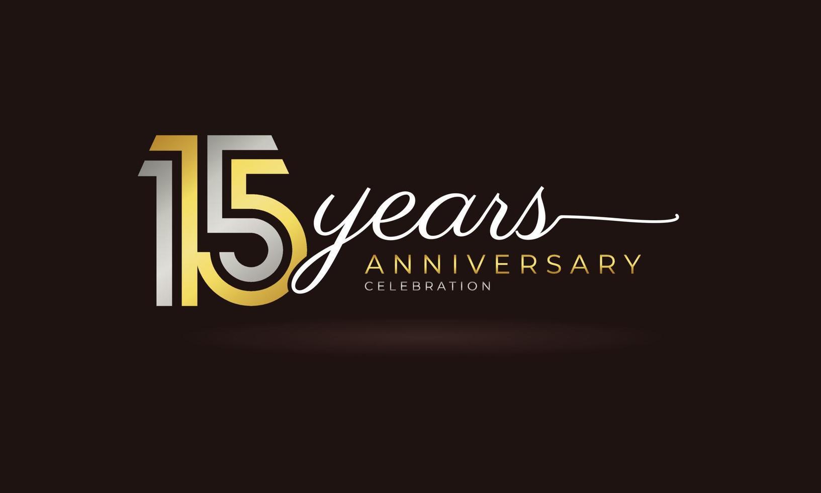 15 Year Anniversary Celebration Logotype with Linked Multiple Line Silver and Golden Color for Celebration Event, Wedding, Greeting Card, and Invitation Isolated on Dark Background vector