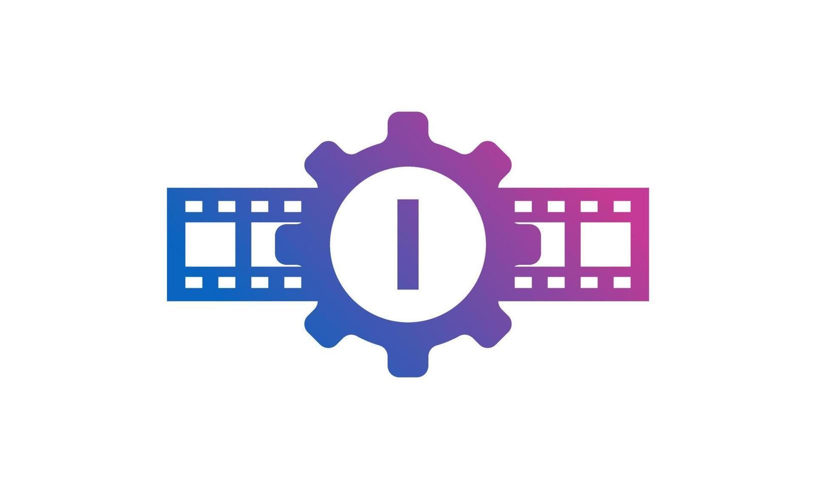 Initial Letter I Gear Cog Wheel with Reel Stripes Filmstrip for Film Movie Cinema Production Studio Logo Inspiration vector