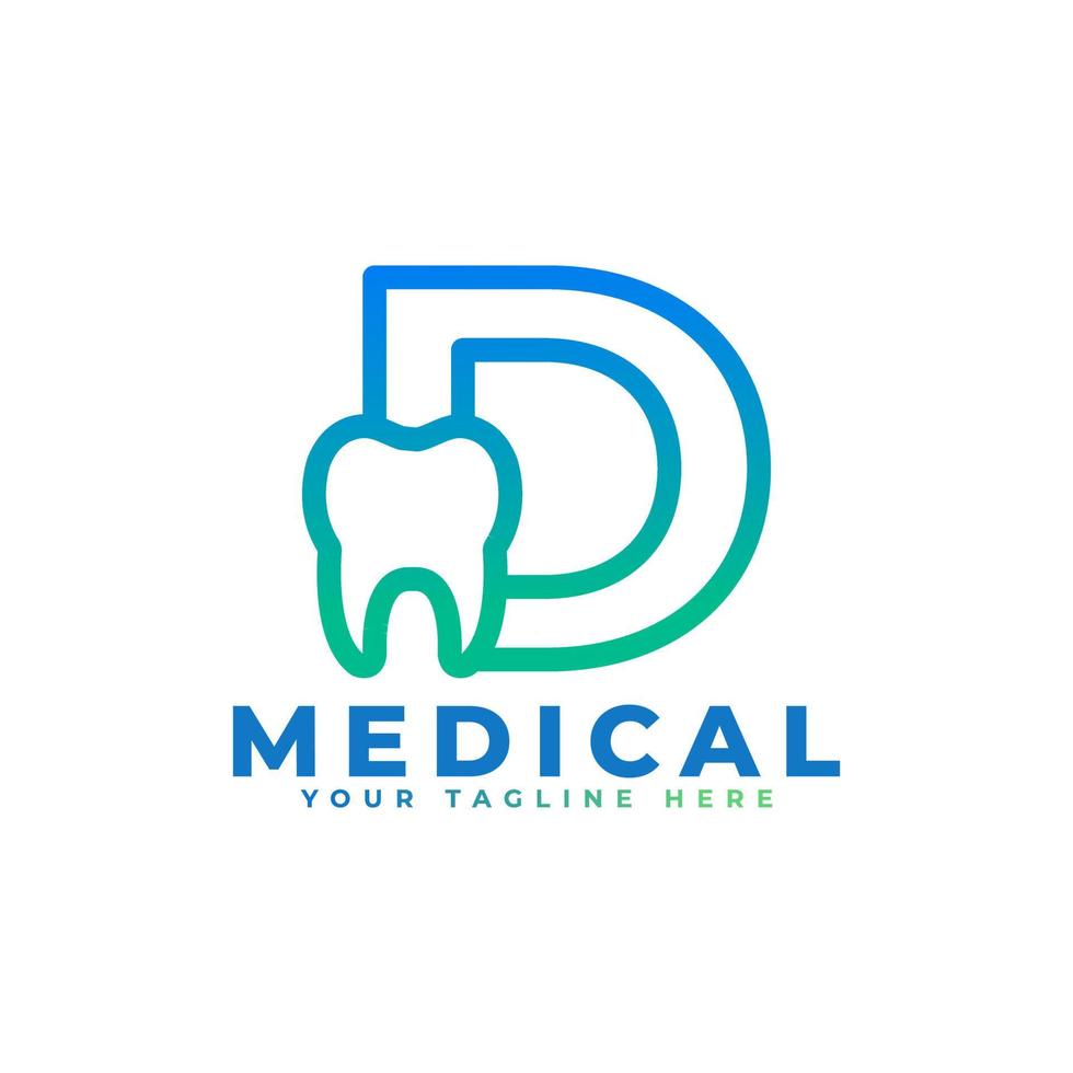 Dental Clinic Logo. Blue Linear Shape Letter D Linked with Tooth Symbol inside. Usable for Dentist, Dental Care and Medical Logos. Flat Vector Logo Design Ideas Template Element.
