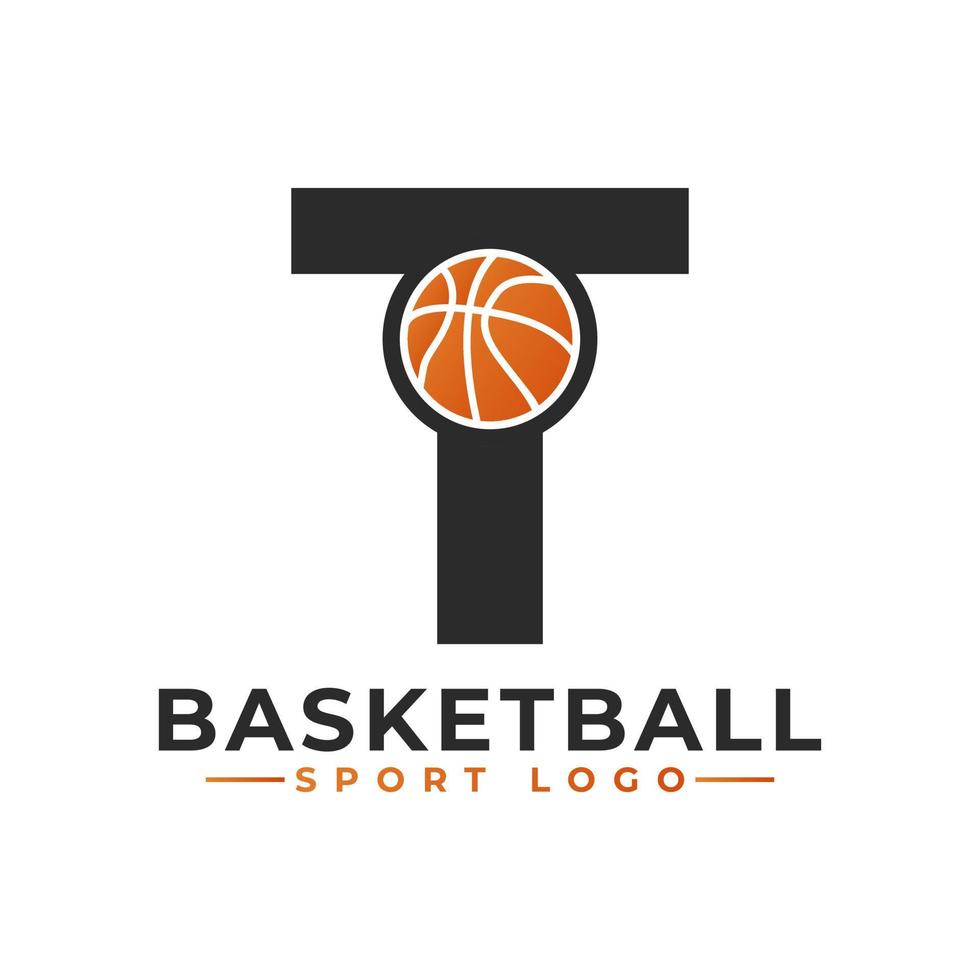 Letter T with Basket Ball Logo Design. Vector Design Template Elements for Sport Team or Corporate Identity.