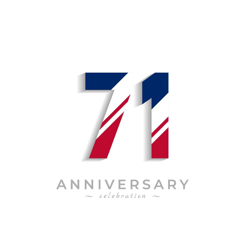 71 Year Anniversary Celebration with White Slash in Red and Blue American Flag Color. Happy Anniversary Greeting Celebrates Event Isolated on White Background vector