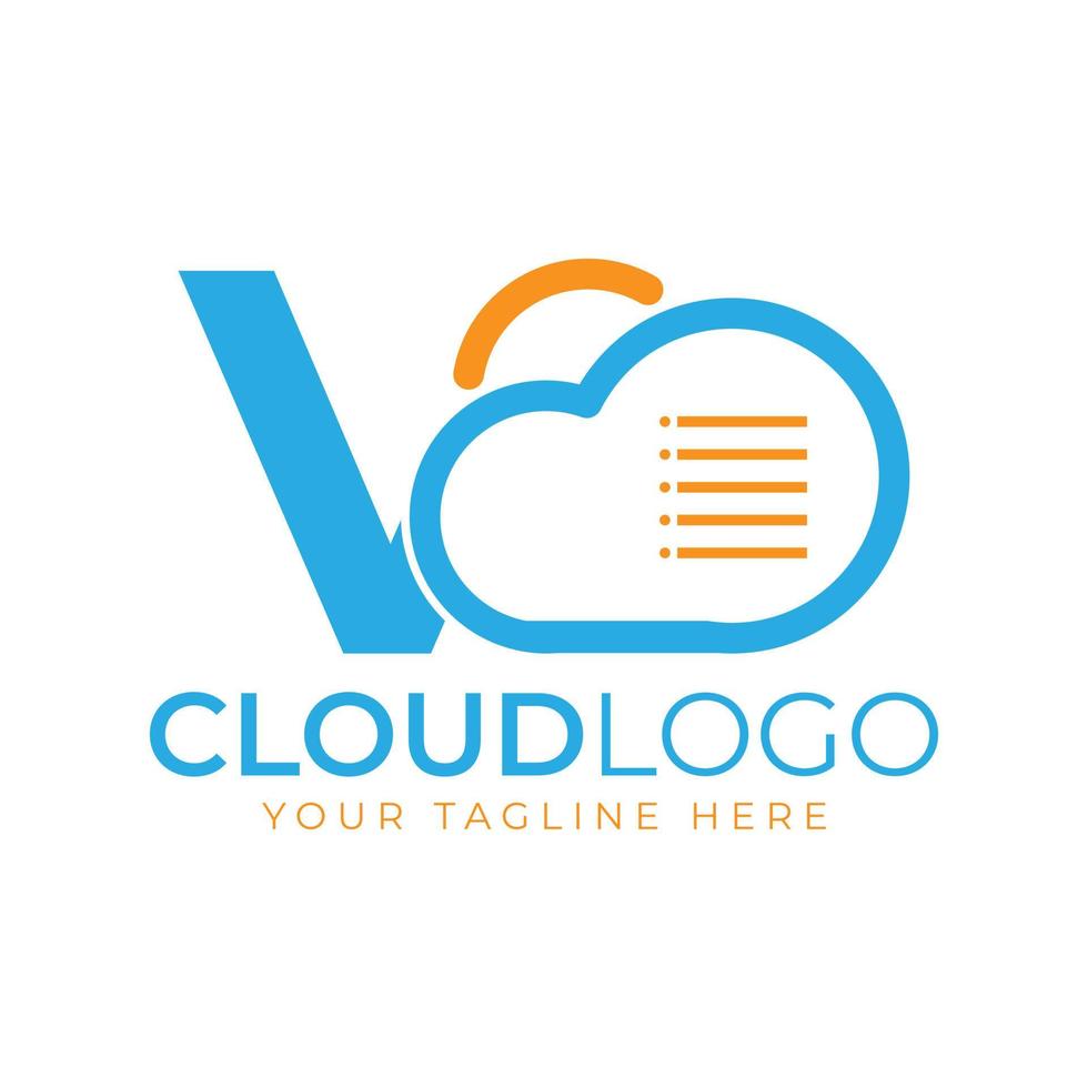 Cloud Tech Logo. Initial Letter V with Cloud and Document for Technology Concept. Data Software Weather Sign vector