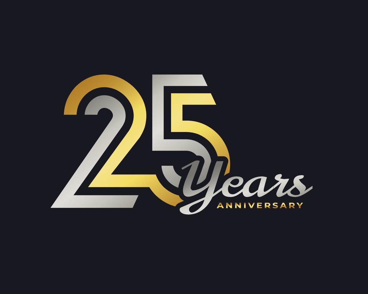 25 Year Anniversary Celebration with Handwriting Silver and Gold Color for Celebration Event, Wedding, Greeting card, and Invitation Isolated on Dark Background vector