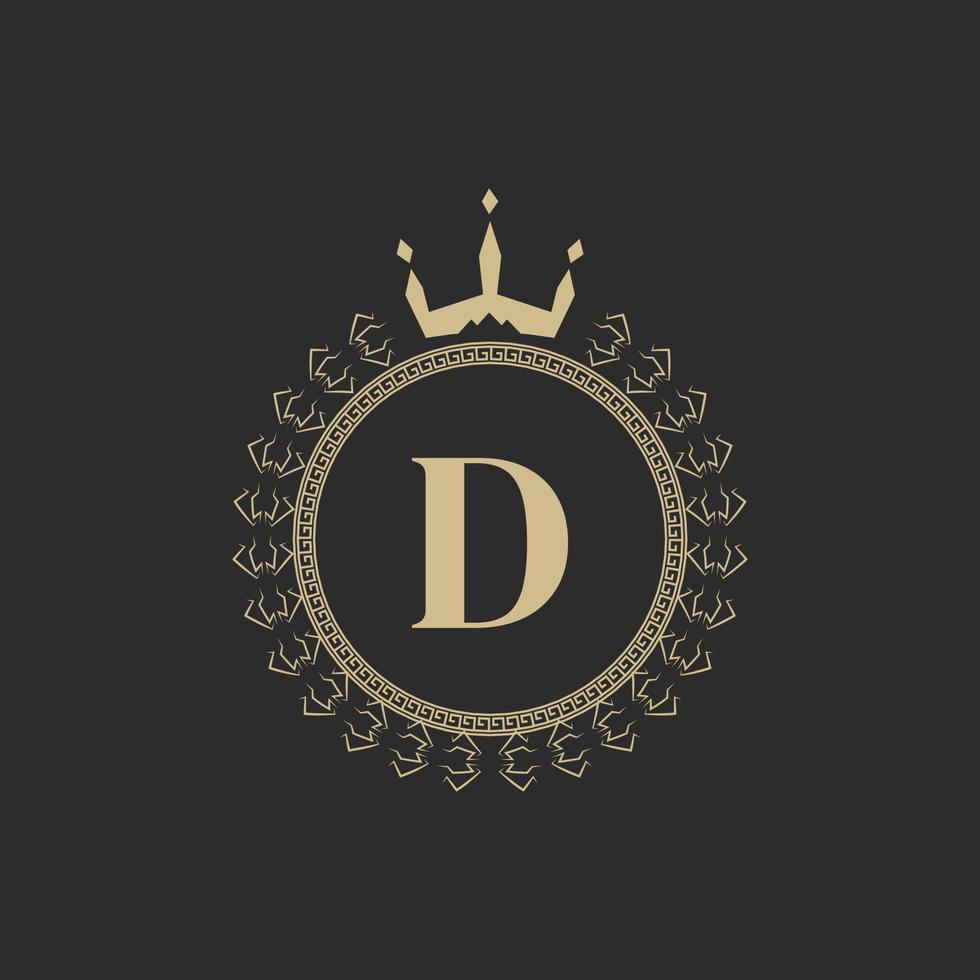 letra inicial d marco real heráldico con corona y corona de laurel. emblema clásico simple. composición redonda. estilo de gráficos elementos de arte para la ilustración de vector de diseño de logotipo