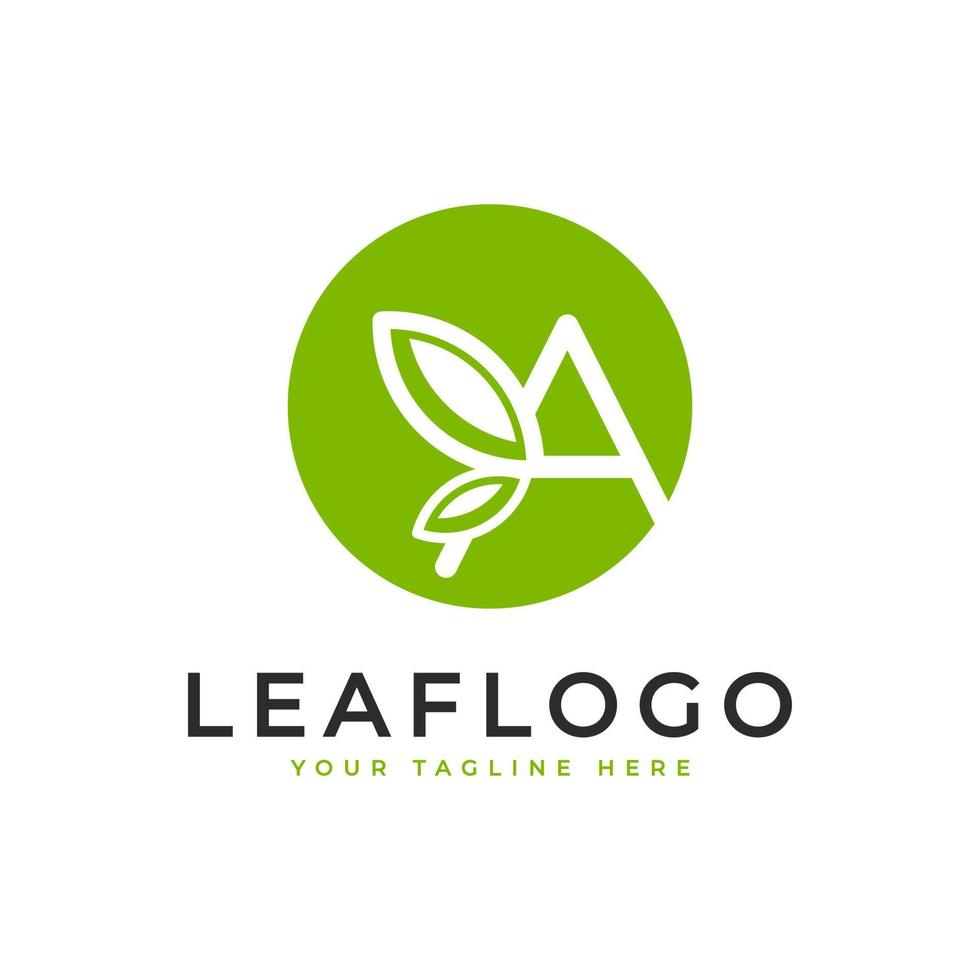 Creative Initial Letter A Logo. Circle Shape Linear Style Linked with Green Leaf Symbol. Usable for Business, Healthcare, Nature and Farm Logos. Flat Vector Logo Design Ideas Template Element. Eps10