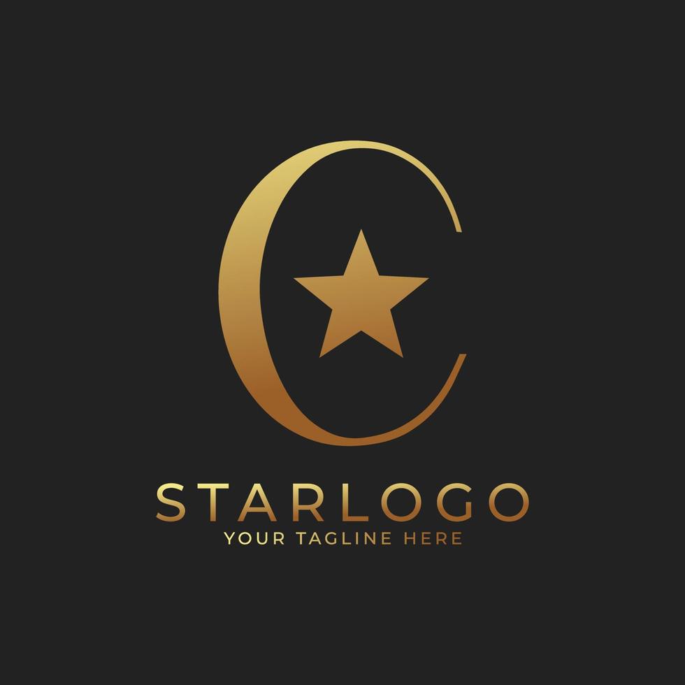 Logotipo abstracto de la estrella c de la letra inicial. oro una letra con combinación de icono de estrella. utilizable para logotipos comerciales y de marca. vector