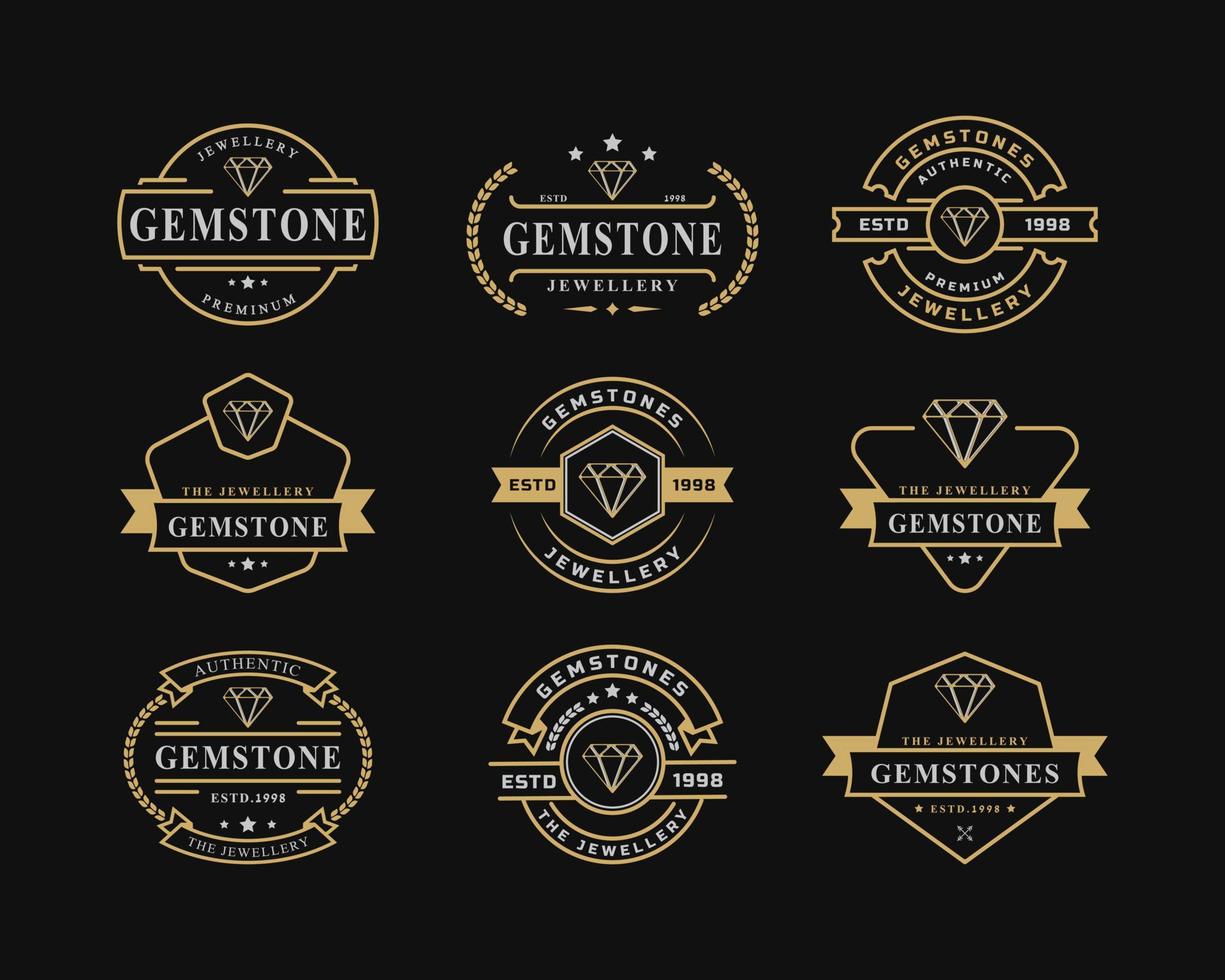 conjunto de insignia retro vintage para línea de lujo arte diamante gema joyería logotipo emblema diseño símbolo vector