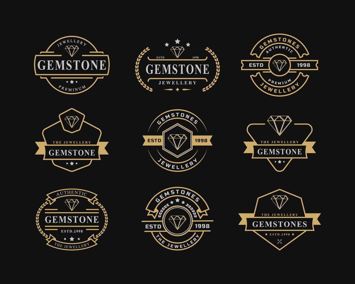 Set of Vintage Retro Badge for Luxury Line art Diamond Gem Jewelry Logo Emblem Design Symbol vector