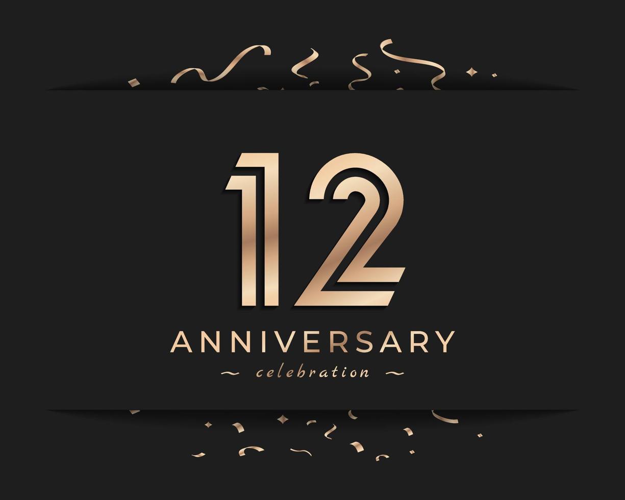 12 Year Anniversary Celebration Logotype Style Design. Happy Anniversary Greeting Celebrates Event with Golden Multiple Line and Confetti Isolated on Dark Background Design Illustration vector