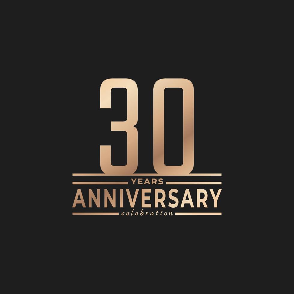 30 Year Anniversary Celebration with Thin Number Shape Golden Color for Celebration Event, Wedding, Greeting card, and Invitation Isolated on Dark Background vector