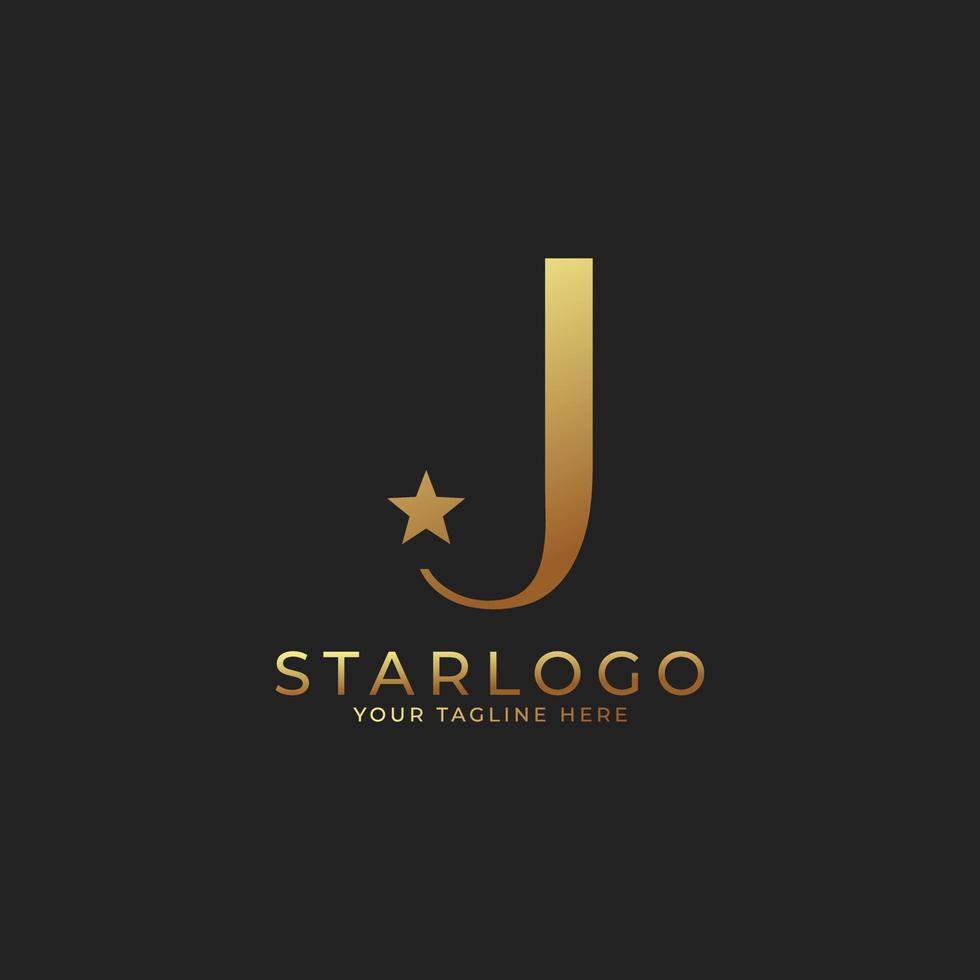 Logotipo abstracto de la estrella inicial de la letra j. oro una letra con combinación de icono de estrella. utilizable para logotipos comerciales y de marca. vector