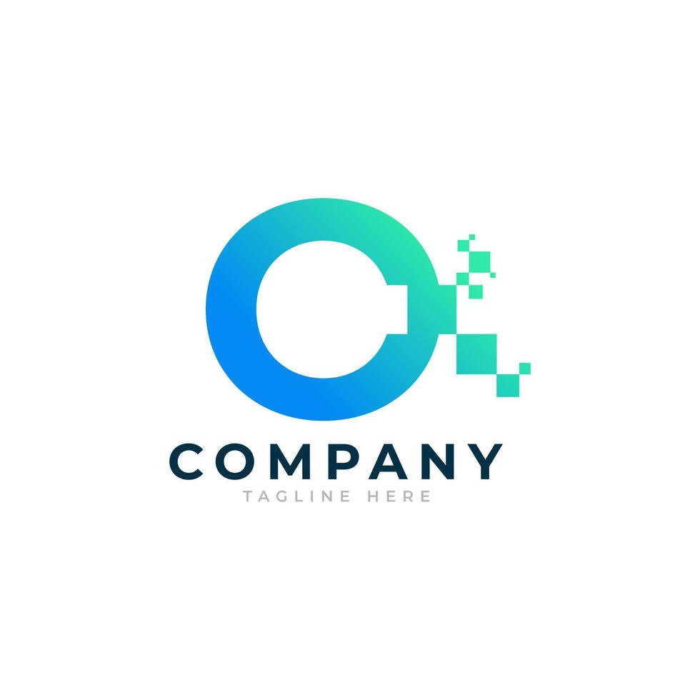 logotipo de la letra o de tecnología. forma geométrica azul y verde con puntos de píxeles cuadrados. utilizable para logotipos de negocios y tecnología. elemento de plantilla de ideas de diseño. vector