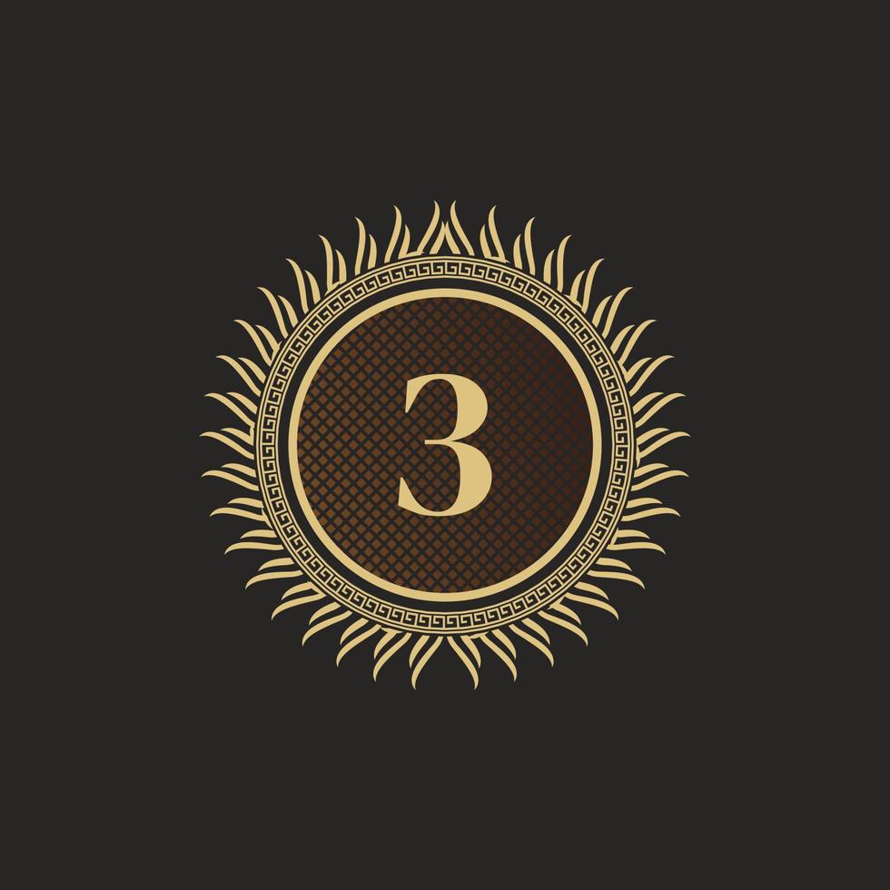 Emblem Number 3 Gold Monogram Design. Luxury Volumetric Logo Template. 3D Line Ornament for Business Sign, Badge, Crest, Label, Boutique Brand, Hotel, Restaurant, Heraldic. Vector Illustration