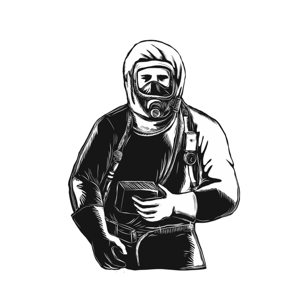 EMT Wearing Hazmat Suit Scratchboard vector