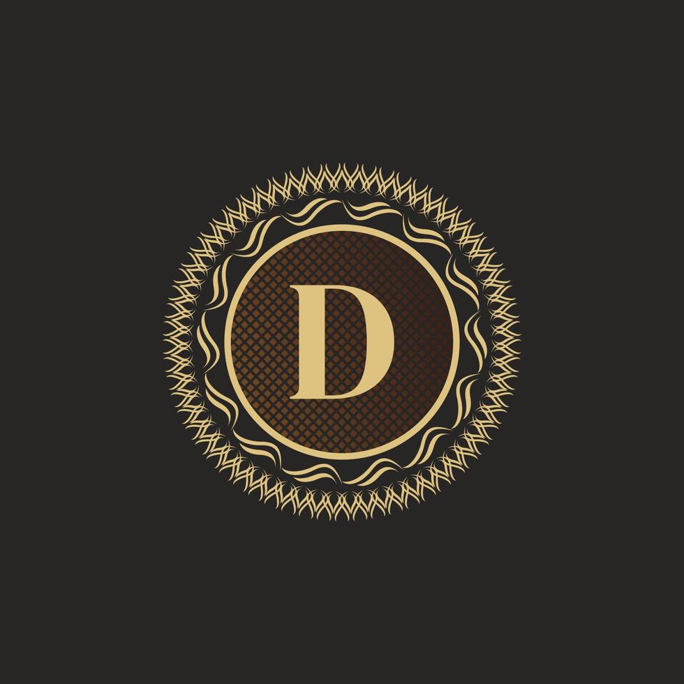 Emblem Letter D Gold Monogram Design. Luxury Volumetric Logo Template. 3D Line Ornament for Business Sign, Badge, Crest, Label, Boutique Brand, Hotel, Restaurant, Heraldic. Vector Illustration