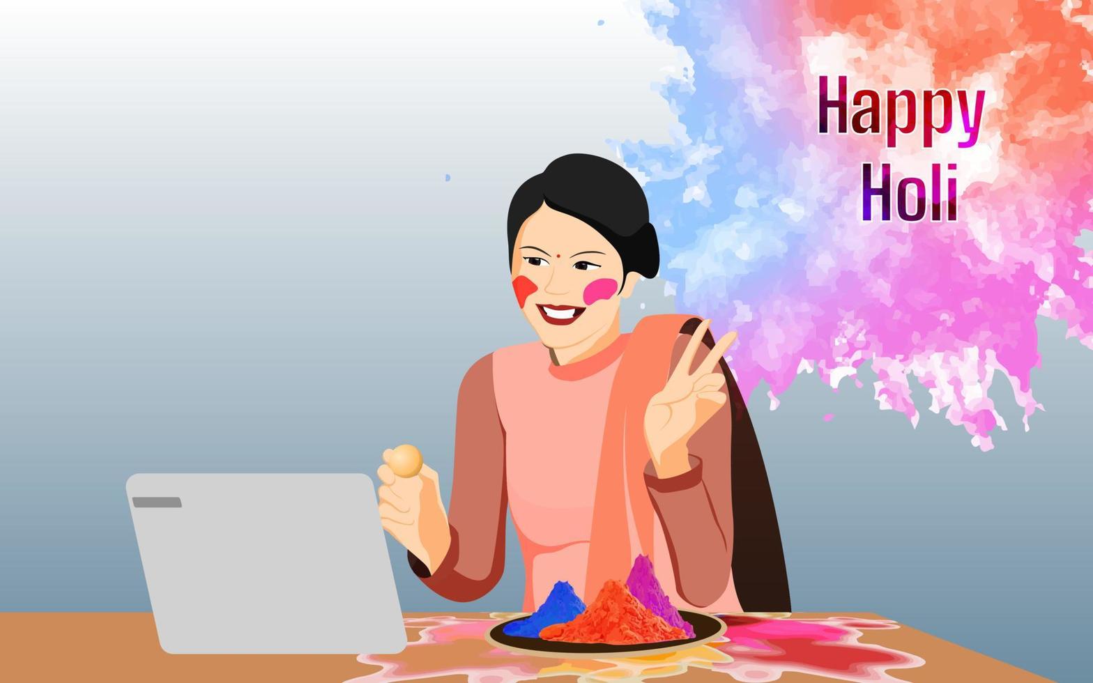 I know Its not possible to play Holi in video calls, It is just illustration about celebrating festivals in social distance. vector