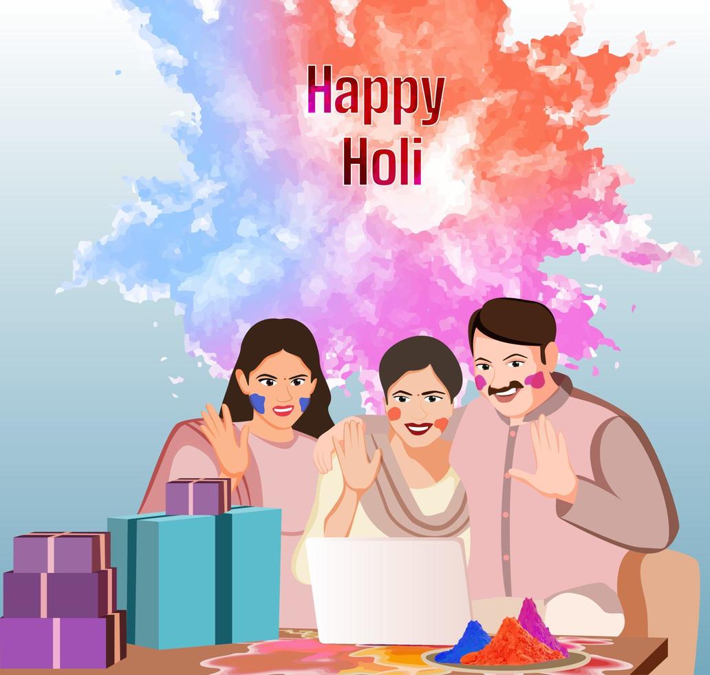 I know Its not possible to play Holi in video calls, It is just illustration about celebrating festivals in social distance. vector