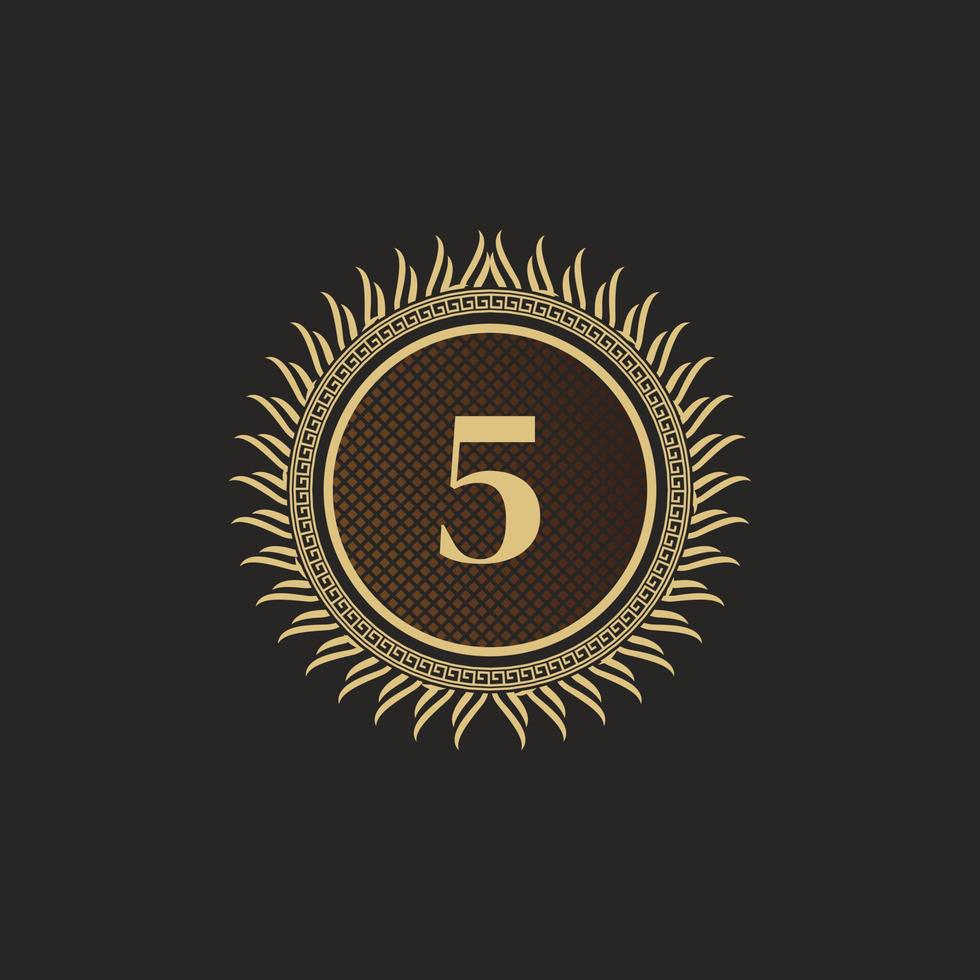 Emblem Number 5 Gold Monogram Design. Luxury Volumetric Logo Template. 3D Line Ornament for Business Sign, Badge, Crest, Label, Boutique Brand, Hotel, Restaurant, Heraldic. Vector Illustration
