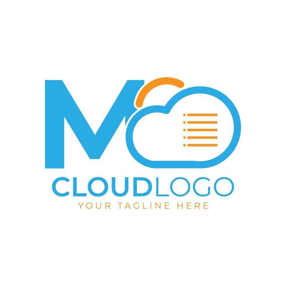 Cloud Tech Logo. Initial Letter M with Cloud and Document for Technology Concept. Data Software Weather Sign vector