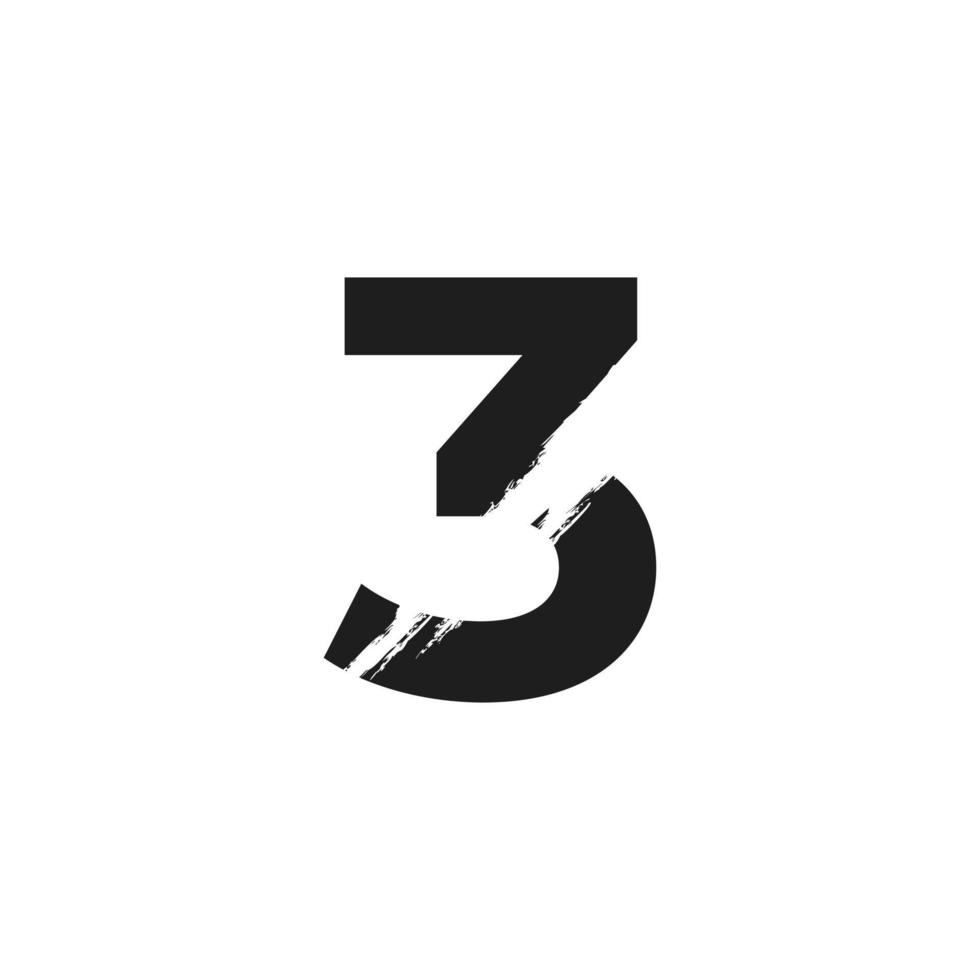 Number 3 Logo with White Slash Brush in Black Color Vector Template Element