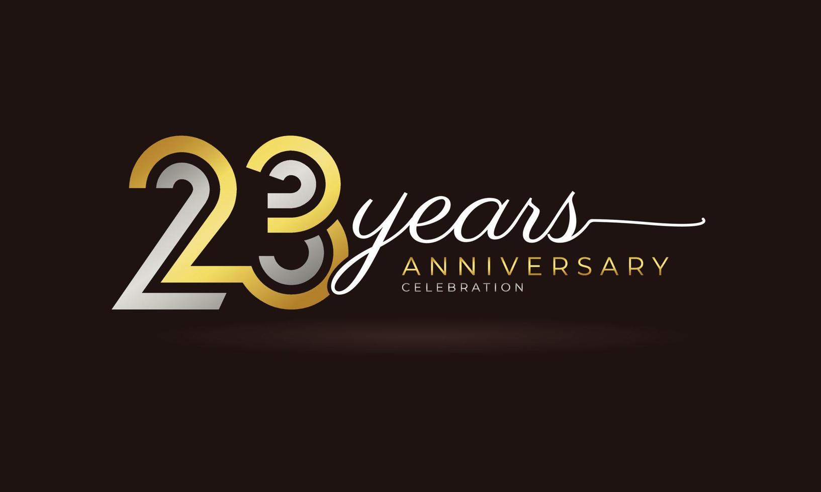 Logotipo de celebración de aniversario de 23 años con varias líneas vinculadas de color plateado y dorado para eventos de celebración, bodas, tarjetas de felicitación e invitaciones aisladas en un fondo oscuro vector