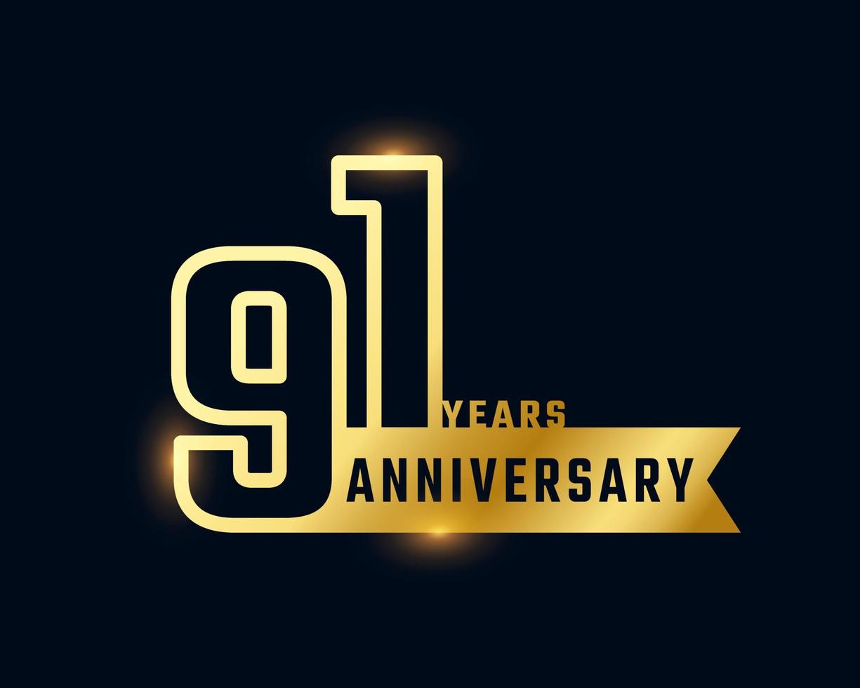 91 Year Anniversary Celebration with Shiny Outline Number Golden Color for Celebration Event, Wedding, Greeting card, and Invitation Isolated on Dark Background vector